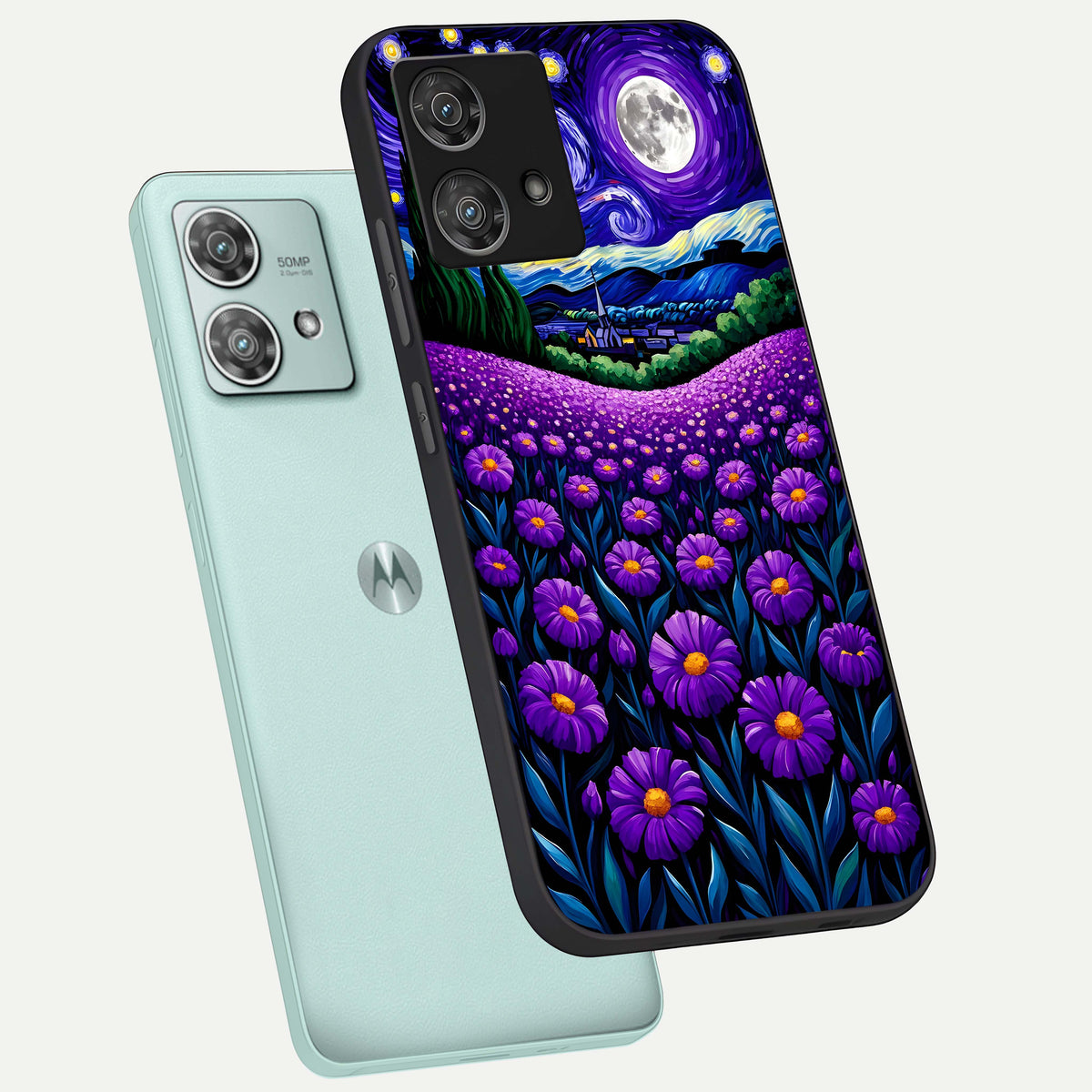  Lavender Moon Field phone case For Moto Edge 40 Neo showing premium glass back cover with detailed artwork