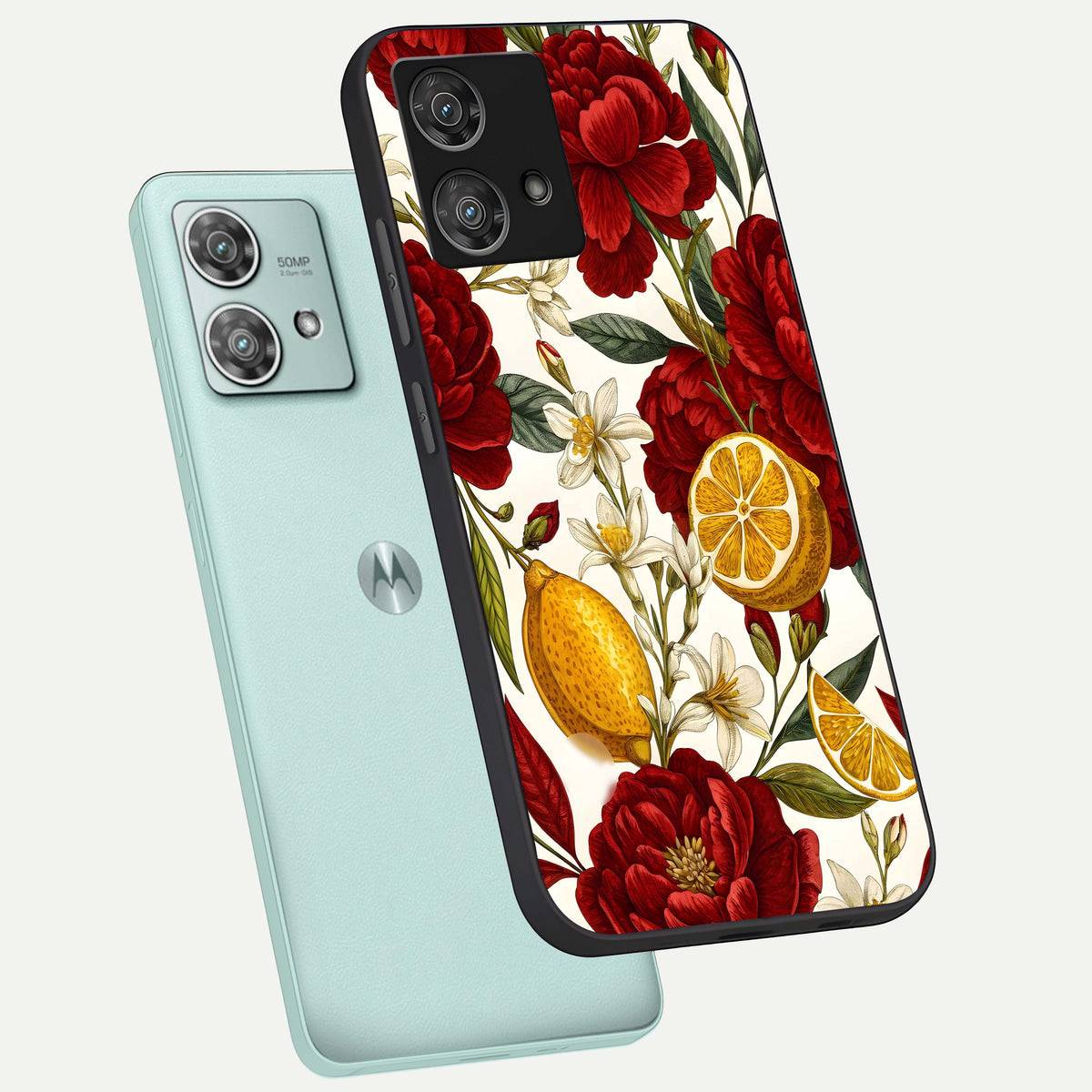  Lemon Rose Charm phone case For Moto Edge 40 Neo showing premium glass back cover with detailed artwork