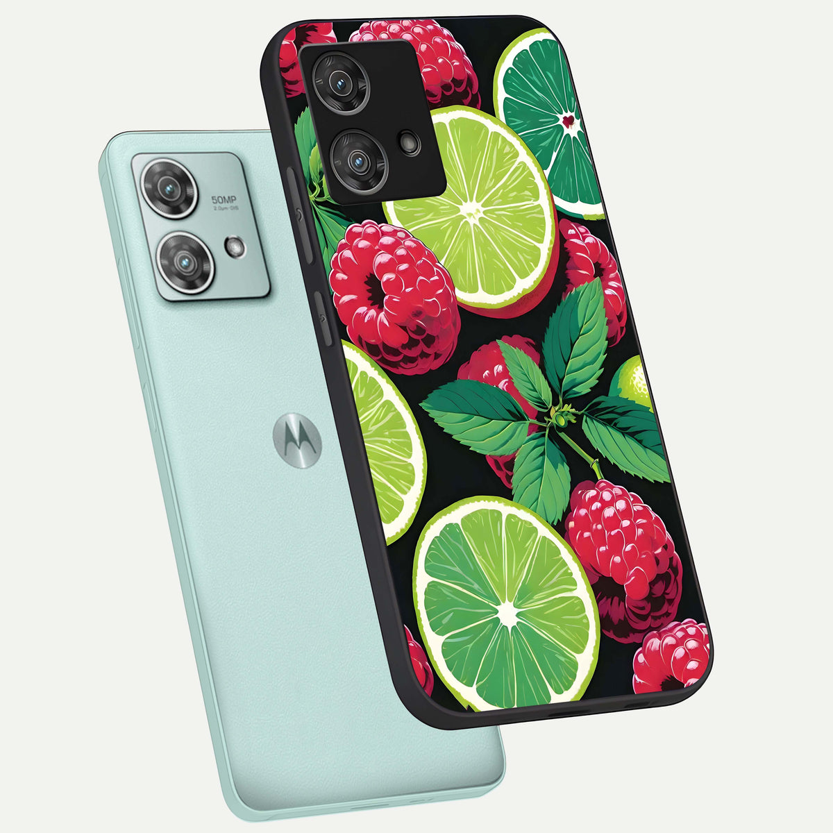  Lime and Raspberry Pattern phone case For Moto Edge 40 Neo showing premium glass back cover with detailed artwork