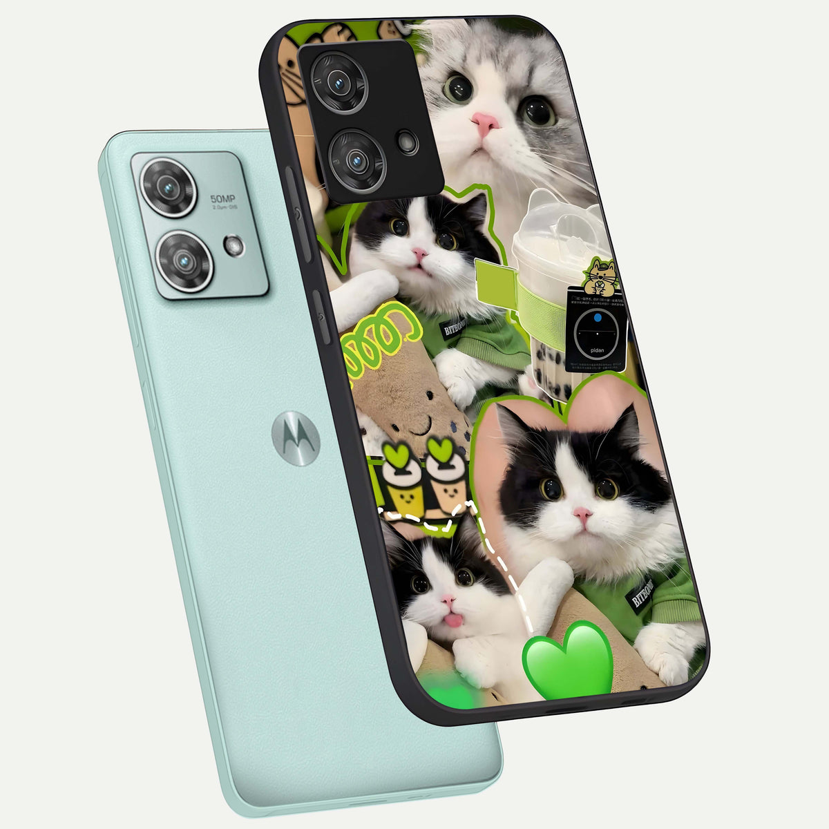  Matcha Cats Mood phone case For Moto Edge 40 Neo showing premium glass back cover with detailed artwork
