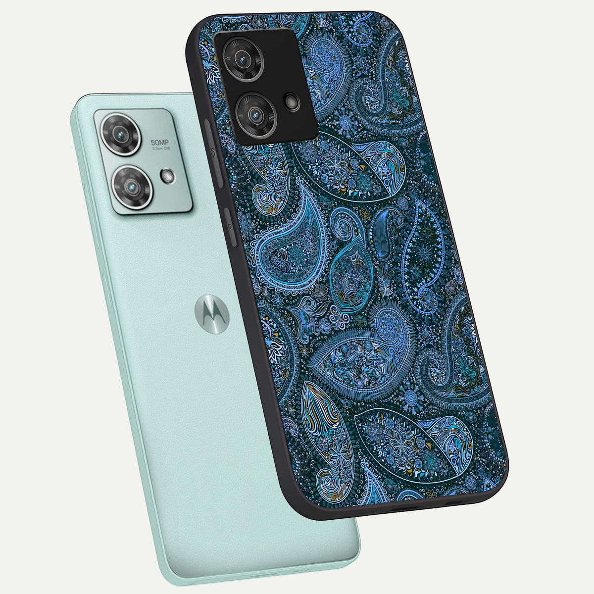  Midnight Paisley Glow phone case For Moto Edge 40 Neo showing premium glass back cover with detailed artwork