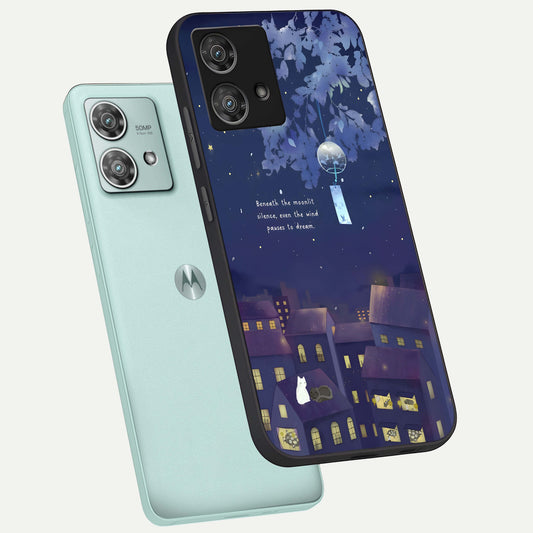  Moonlit Cat Silence phone case For Moto Edge 40 Neo showing premium glass back cover with detailed artwork