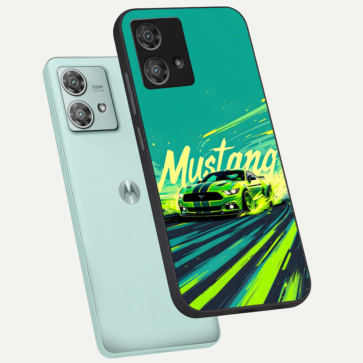  Mustang Bang phone case For Moto Edge 40 Neo showing premium glass back cover with detailed artwork