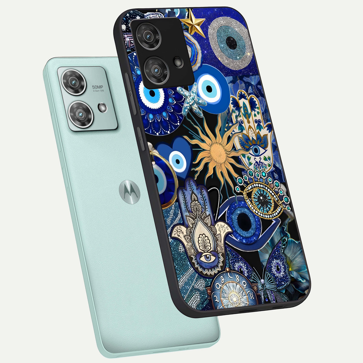  Mystic Blue Evil Eye phone case For Moto Edge 40 Neo showing premium glass back cover with detailed artwork