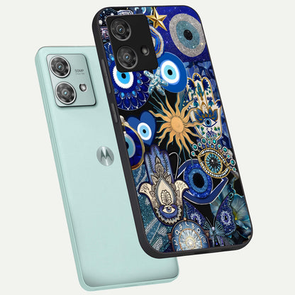  Mystic Blue Evil Eye phone case For Moto Edge 40 Neo showing premium glass back cover with detailed artwork