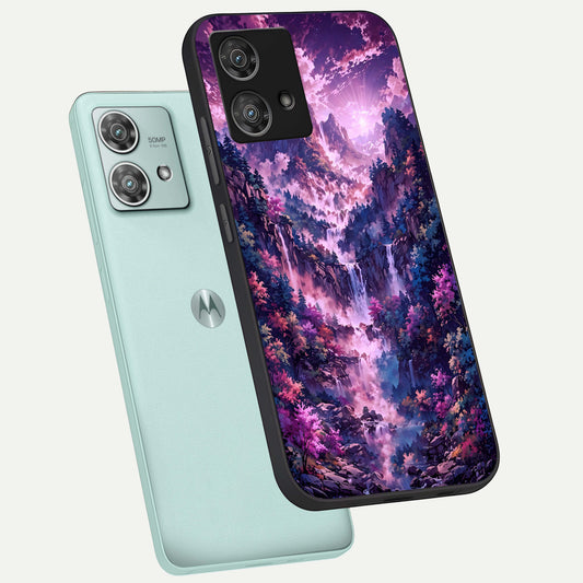  Mystic Cascade Peaks phone case For Moto Edge 40 Neo showing premium glass back cover with detailed artwork