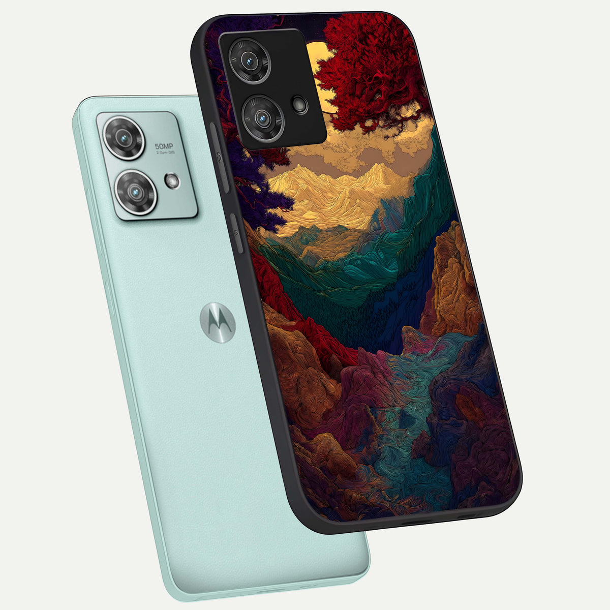  Mystic Valley Light phone case For Moto Edge 40 Neo showing premium glass back cover with detailed artwork