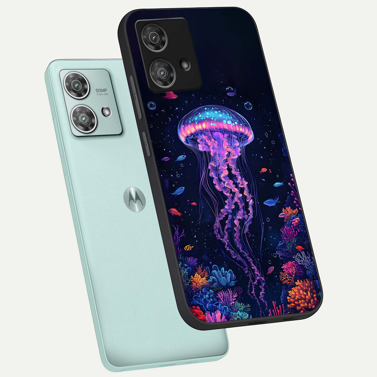  Neon Jellyfish phone case For Moto Edge 40 Neo showing premium glass back cover with detailed artwork