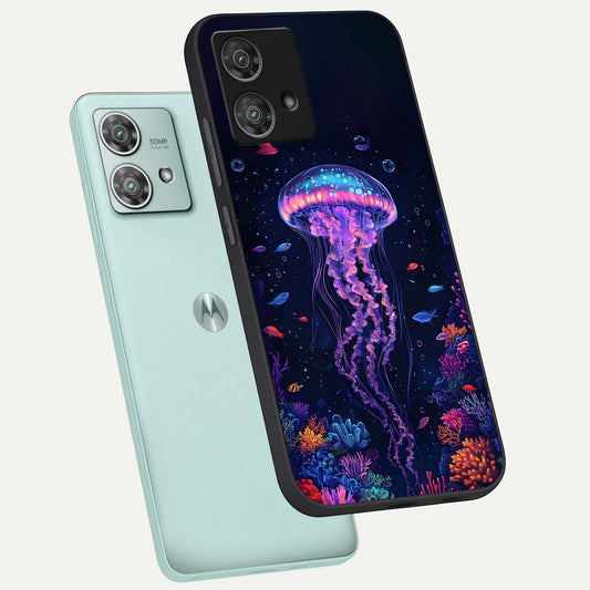 Neon Jellyfish phone case For Moto Edge 40 Neo showing premium glass back cover with detailed artwork