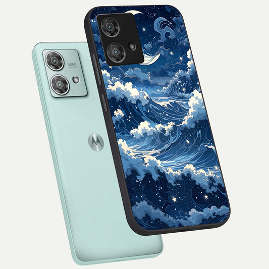  Ocean Moon Waves phone case For Moto Edge 40 Neo showing premium glass back cover with detailed artwork