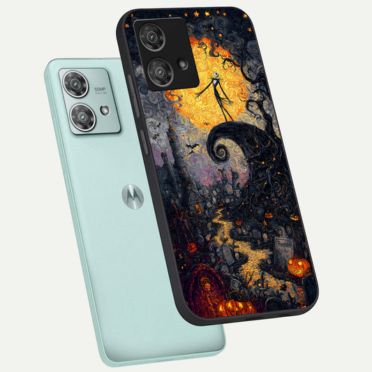  Pumpkin Moon Night phone case For Moto Edge 40 Neo showing premium glass back cover with detailed artwork