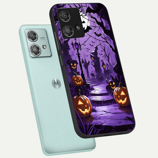  Pumpkin Patch Halloween phone case For Moto Edge 40 Neo showing premium glass back cover with detailed artwork