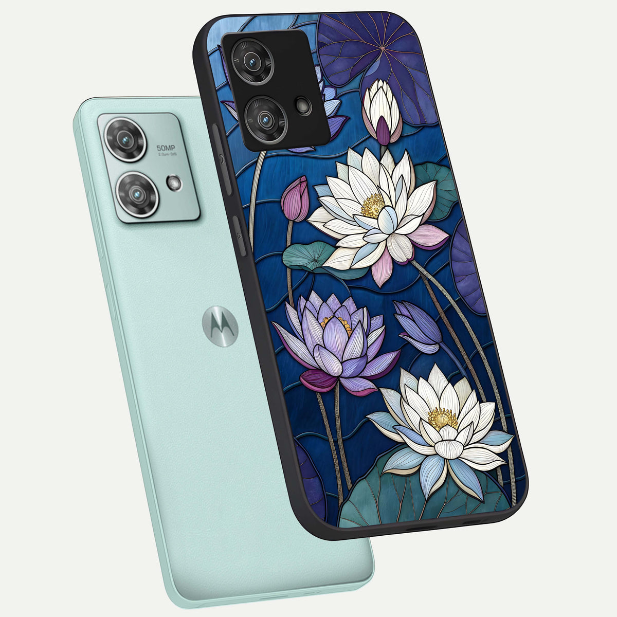  Purple Lotus Stained phone case For Moto Edge 40 Neo showing premium glass back cover with detailed artwork