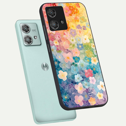  Rainbow Blossom Burst phone case For Moto Edge 40 Neo showing premium glass back cover with detailed artwork