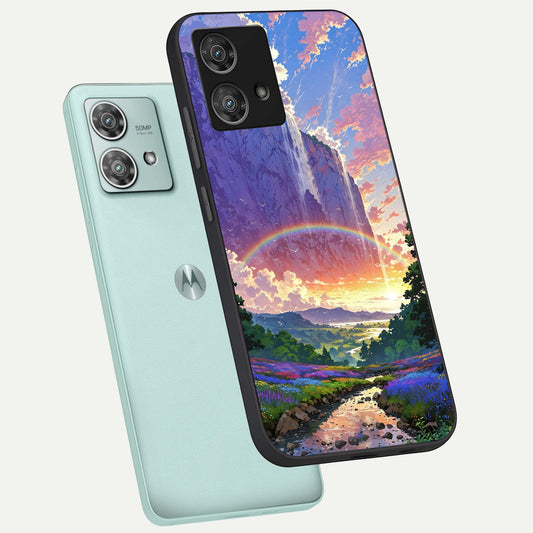  Rainbow Valley Dream phone case For Moto Edge 40 Neo showing premium glass back cover with detailed artwork