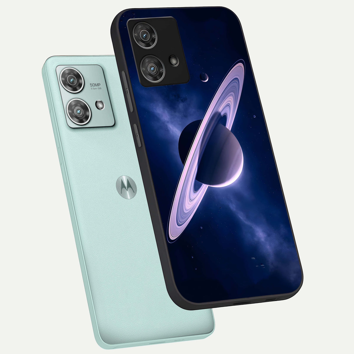  Saturn Ring Mystique phone case For Moto Edge 40 Neo showing premium glass back cover with detailed artwork