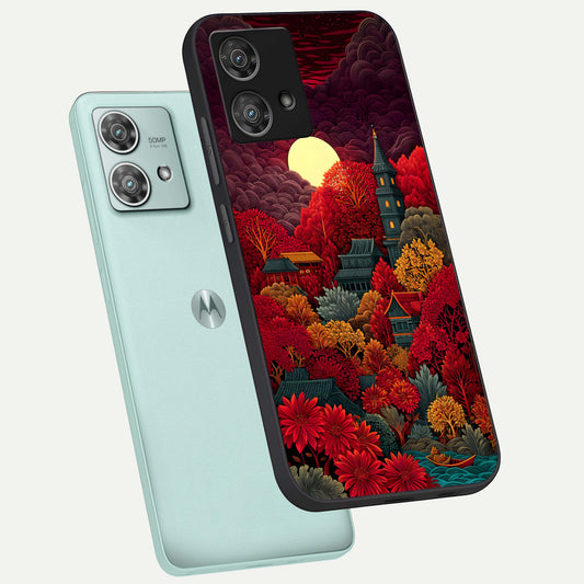  Scarlet Autumn Temple phone case For Moto Edge 40 Neo showing premium glass back cover with detailed artwork