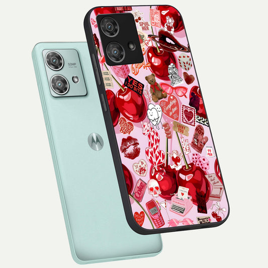  Sweet Cherry Chaos phone case For Moto Edge 40 Neo showing premium glass back cover with detailed artwork