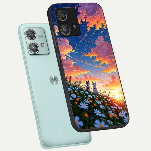  Two Cats Friends phone case For Moto Edge 40 Neo showing premium glass back cover with detailed artwork