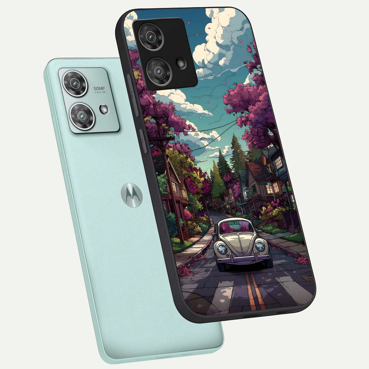  Vintage Street Drive phone case For Moto Edge 40 Neo showing premium glass back cover with detailed artwork