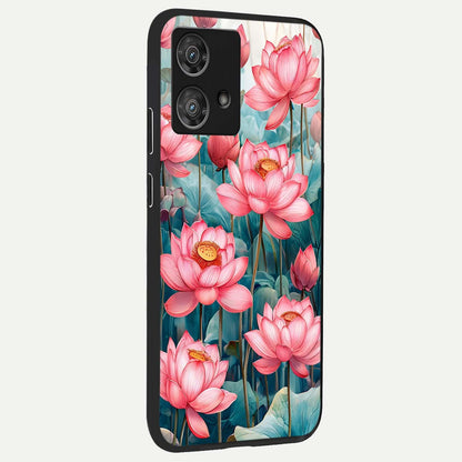  Celestial Pink Lotus back cover For Moto Edge 40 Neo slim fit glass case with vibrant aesthetic design