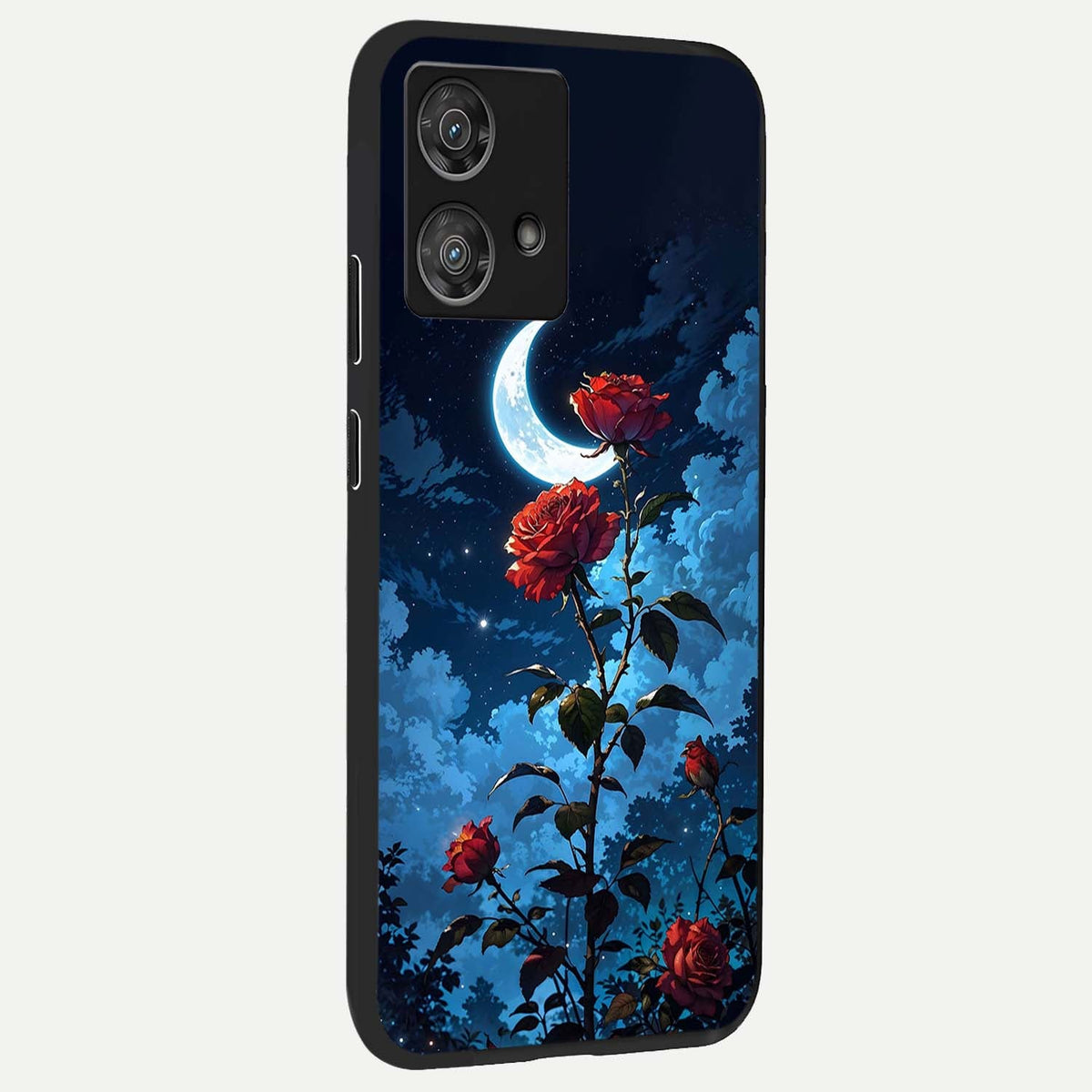  Crimson Rose Moon back cover For Moto Edge 40 Neo slim fit glass case with vibrant aesthetic design