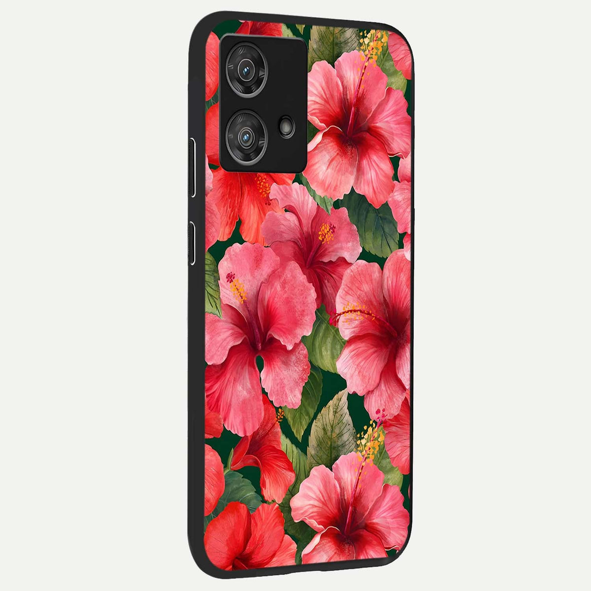  Hibiscus Pattern back cover For Moto Edge 40 Neo slim fit glass case with vibrant aesthetic design