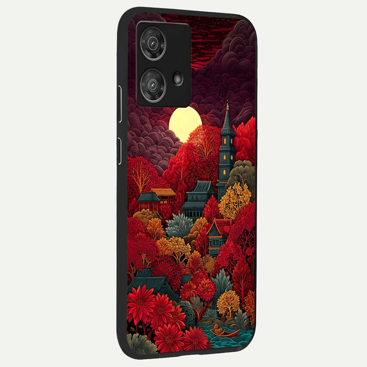  Scarlet Autumn Temple back cover For Moto Edge 40 Neo slim fit glass case with vibrant aesthetic design