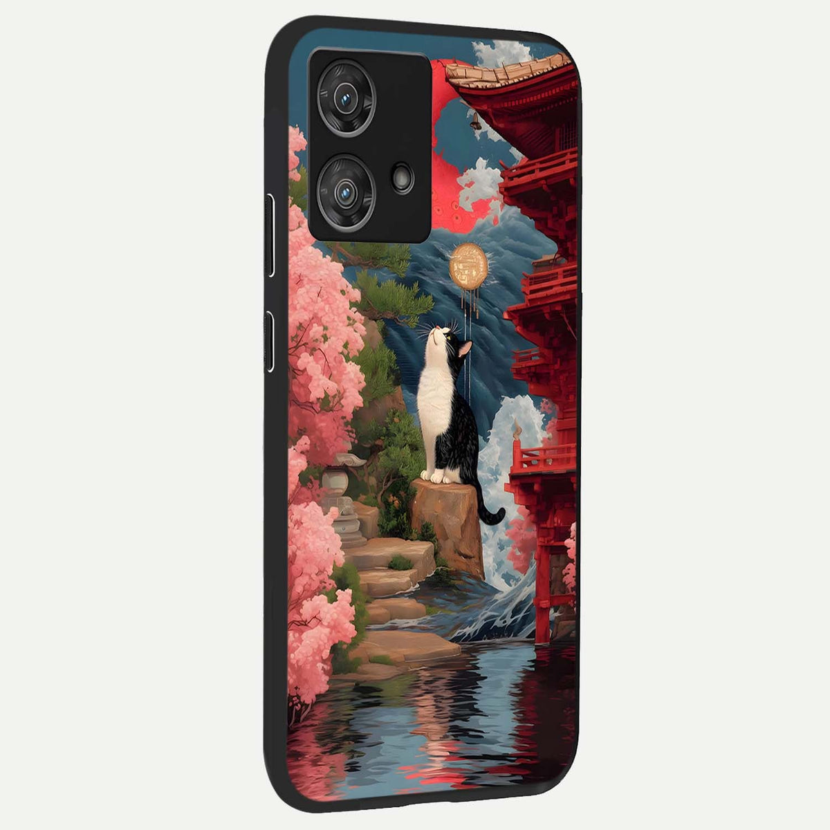  Temple Cat Scenery back cover For Moto Edge 40 Neo slim fit glass case with vibrant aesthetic design