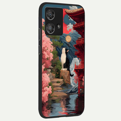  Temple Cat Scenery back cover For Moto Edge 40 Neo slim fit glass case with vibrant aesthetic design