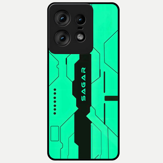  Aqua Tech CYBERPUNK Custom Name Glass Case For Moto Edge50 Pro back cover – full design glossy printed glass finish