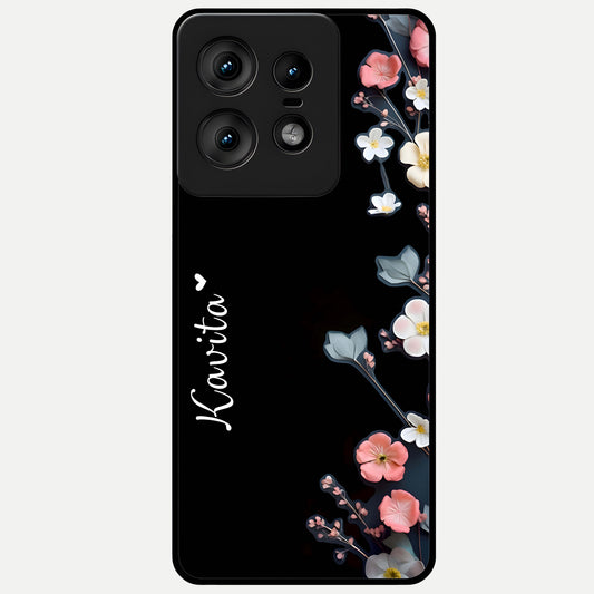  Black Elegance Floral Custom Name Glass Case For Moto Edge50 Pro back cover – full design glossy printed glass finish