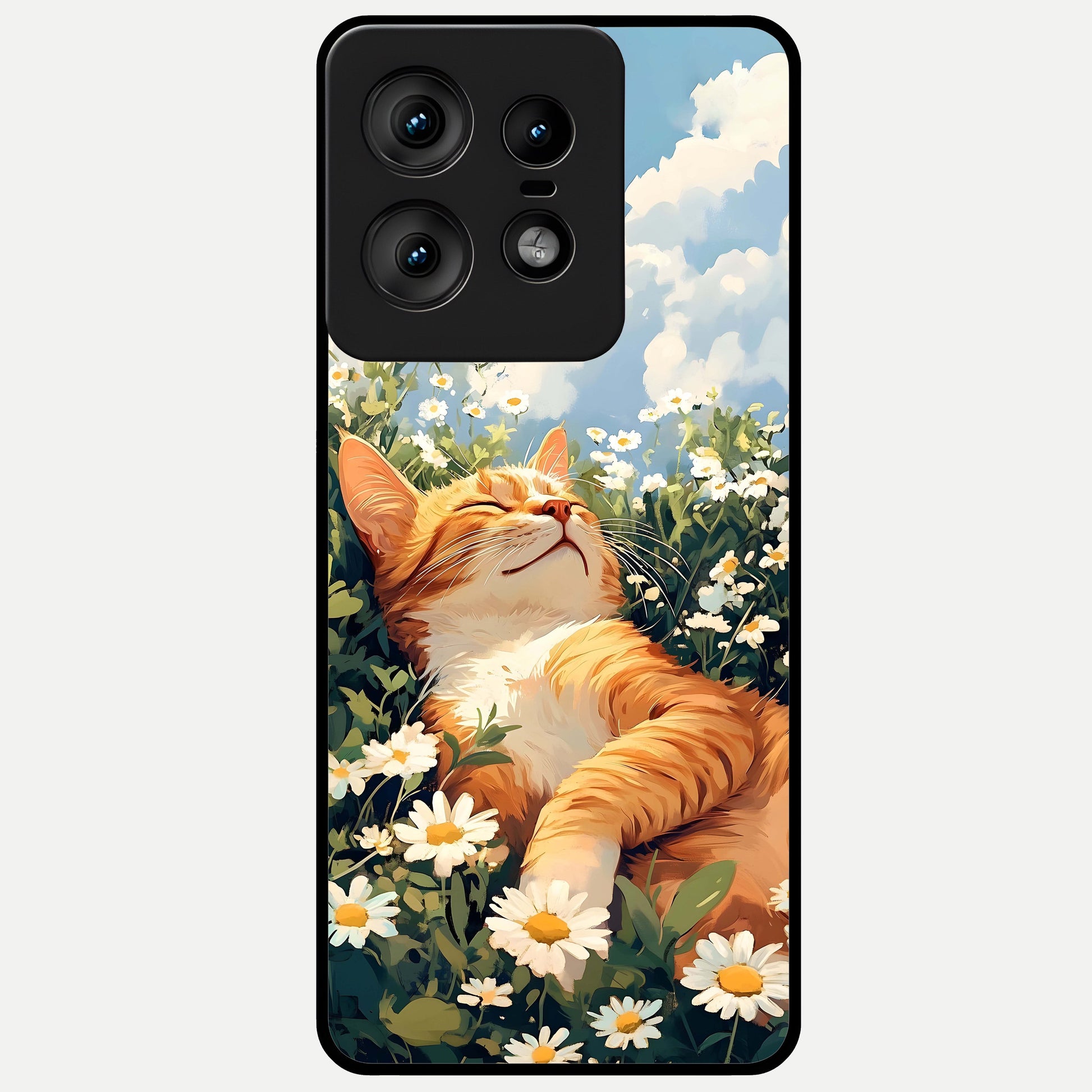  Cat And Flowers View Glass Case For Moto Edge50 Pro back cover – full design glossy printed glass finish
