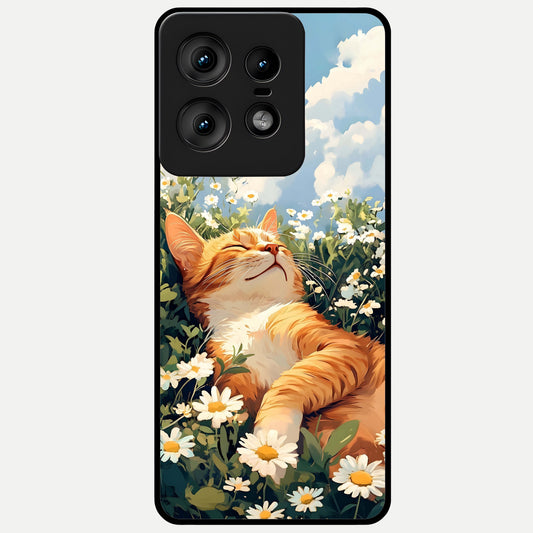  Cat And Flowers View Glass Case For Moto Edge50 Pro back cover – full design glossy printed glass finish