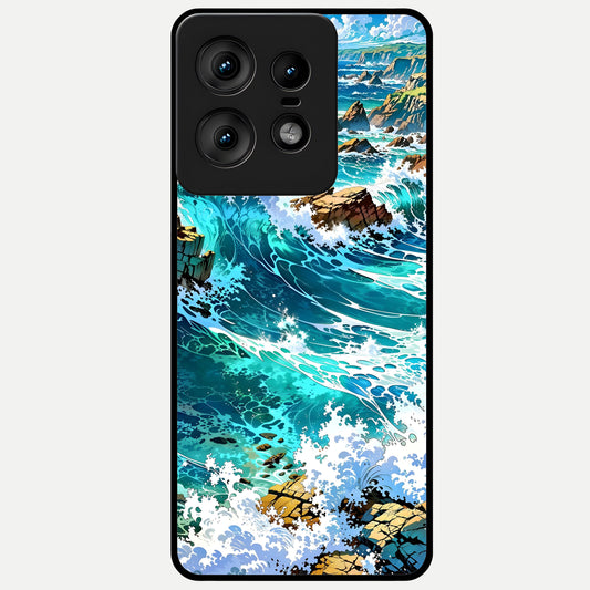  Coastal Blue Waves Glass Case For Moto Edge50 Pro back cover – full design glossy printed glass finish
