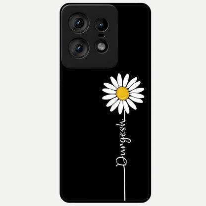  Custom Name White Flower Glass Case For Moto Edge50 Pro back cover – full design glossy printed glass finish