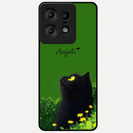  Emerald Cat Custom Name Glass Case For Moto Edge50 Pro back cover – full design glossy printed glass finish