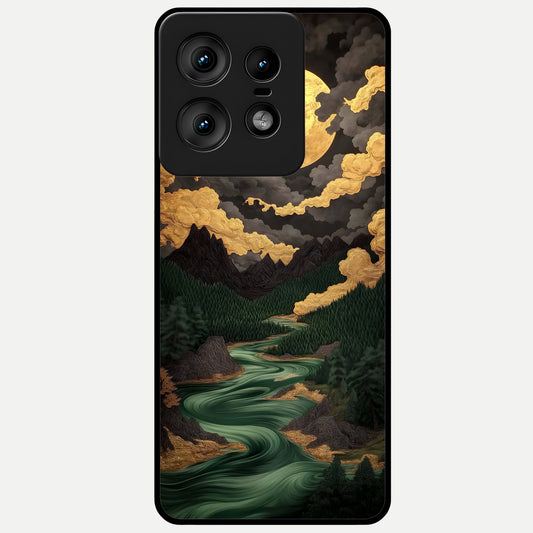  Golden River Moon Glass Case For Moto Edge50 Pro back cover – full design glossy printed glass finish