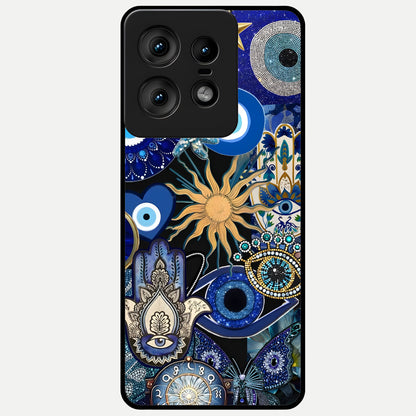  Mystic Blue Evil Eye Glass Case For Moto Edge50 Pro back cover – full design glossy printed glass finish