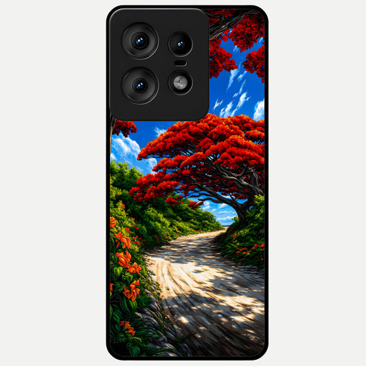  Red Trees Pathway Glass Case For Moto Edge50 Pro back cover – full design glossy printed glass finish