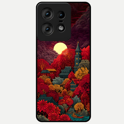  Scarlet Autumn Temple Glass Case For Moto Edge50 Pro back cover – full design glossy printed glass finish