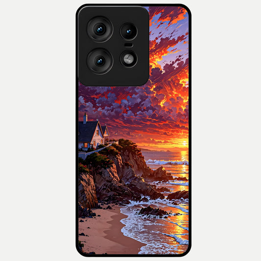  Sunset House By Sea Glass Case For Moto Edge50 Pro back cover – full design glossy printed glass finish