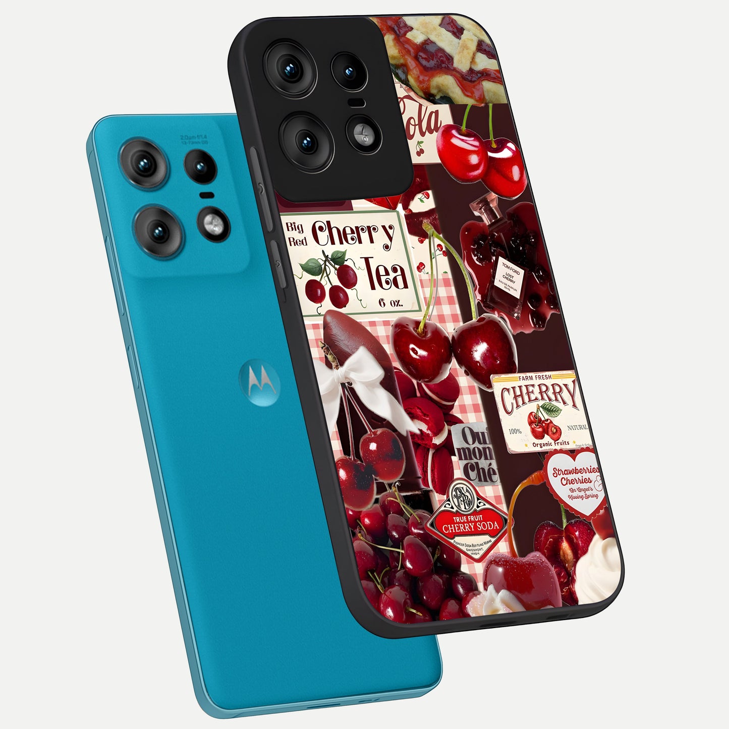  Aesthetic Cherry Tea phone case For Moto Edge50 Pro showing premium glass back cover with detailed artwork