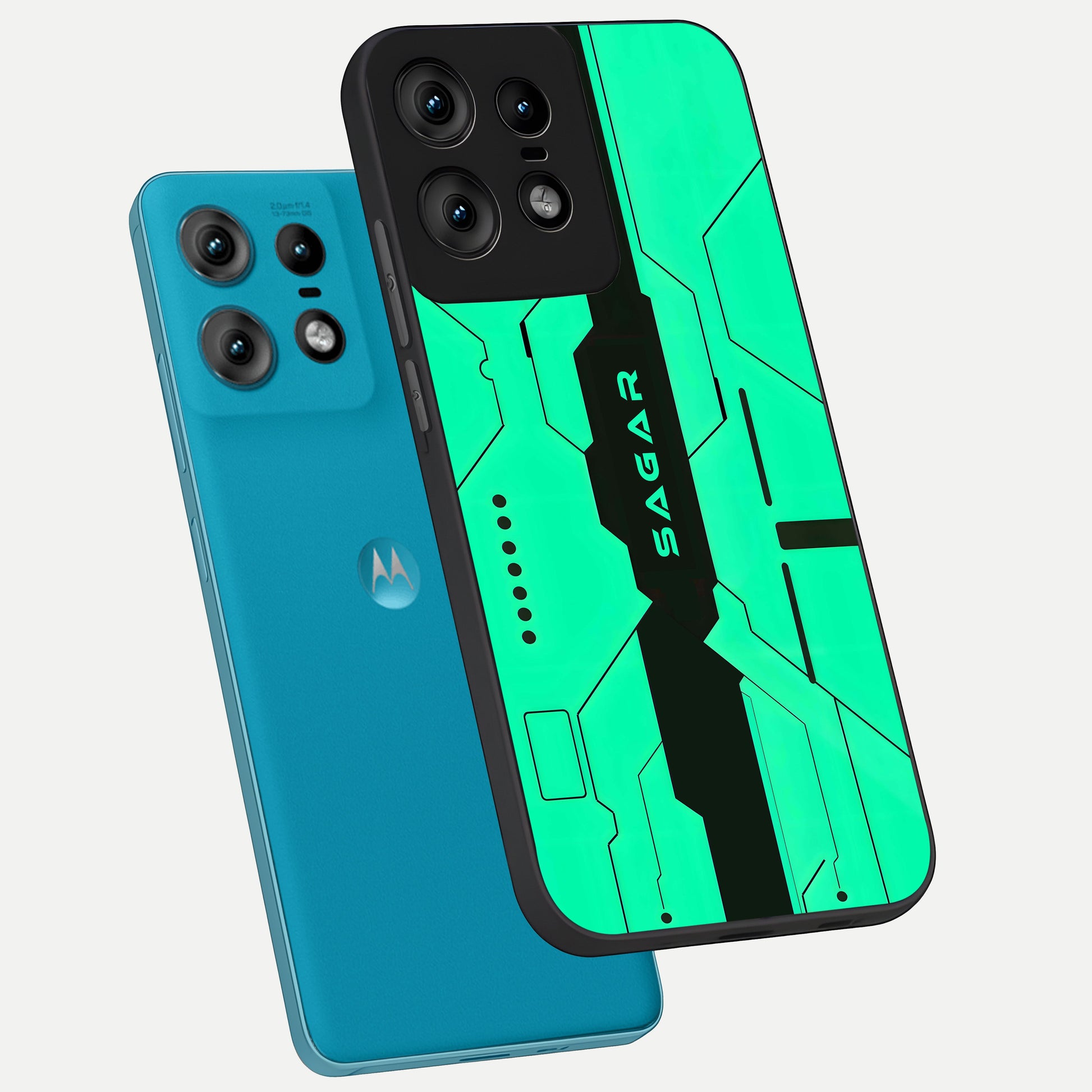  Aqua Tech CYBERPUNK Custom Name phone case For Moto Edge50 Pro showing premium glass back cover with detailed artwork