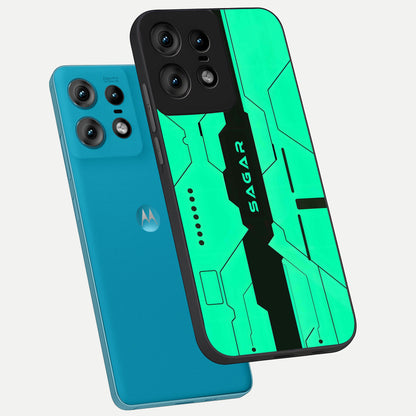  Aqua Tech CYBERPUNK Custom Name phone case For Moto Edge50 Pro showing premium glass back cover with detailed artwork