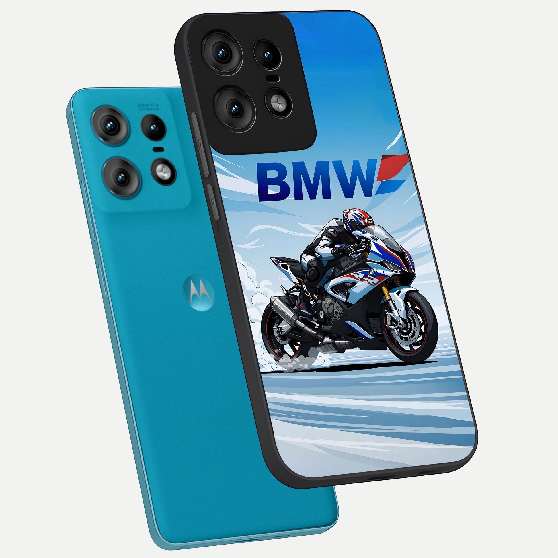  BMW Power Drift phone case For Moto Edge50 Pro showing premium glass back cover with detailed artwork