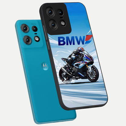  BMW Power Drift phone case For Moto Edge50 Pro showing premium glass back cover with detailed artwork
