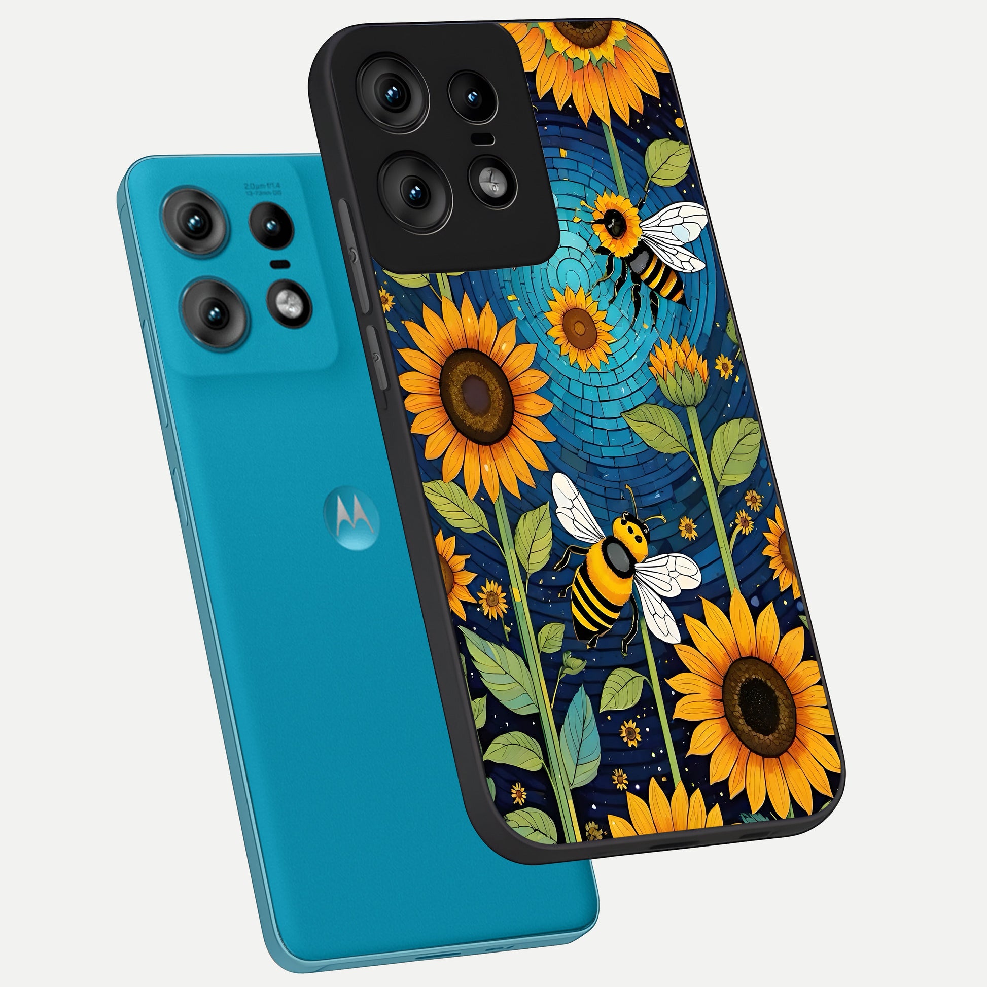  Bees And Sunflowers phone case For Moto Edge50 Pro showing premium glass back cover with detailed artwork