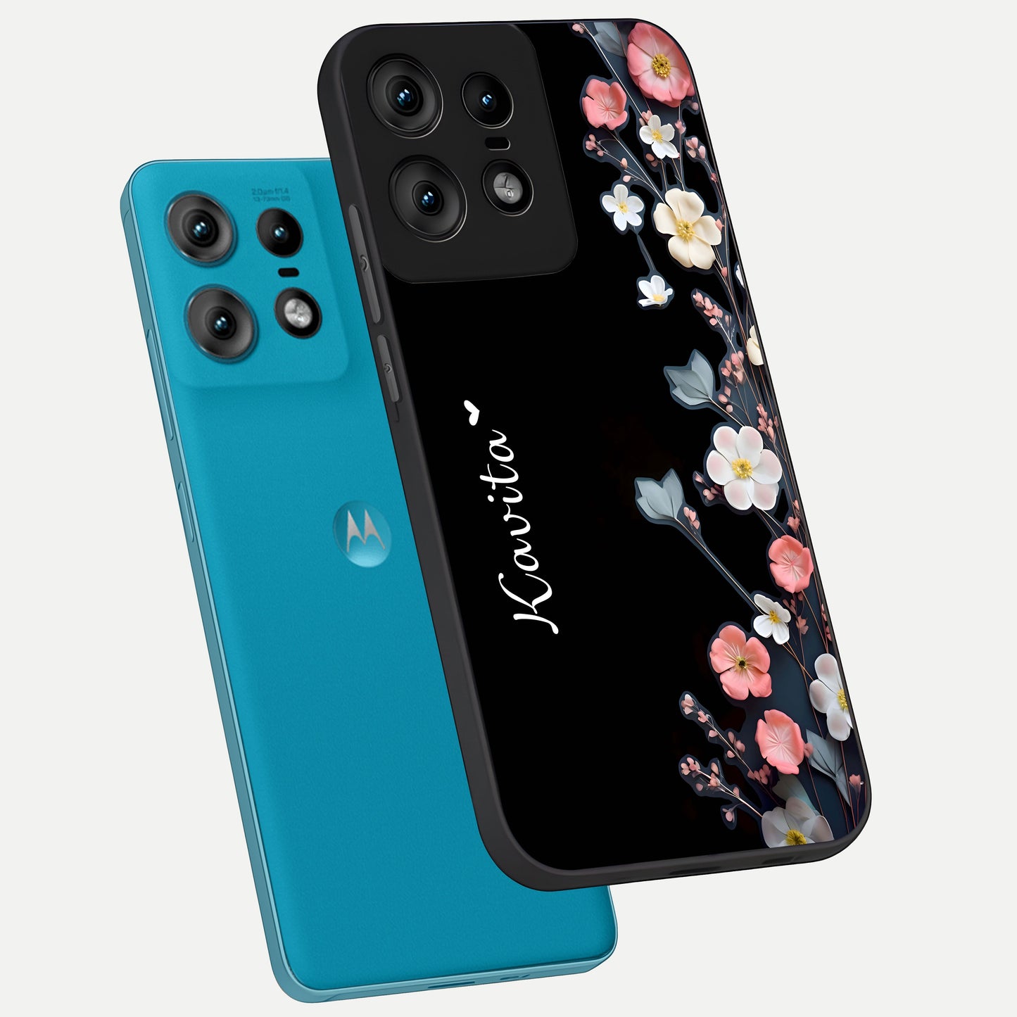  Black Elegance Floral Custom Name phone case For Moto Edge50 Pro showing premium glass back cover with detailed artwork