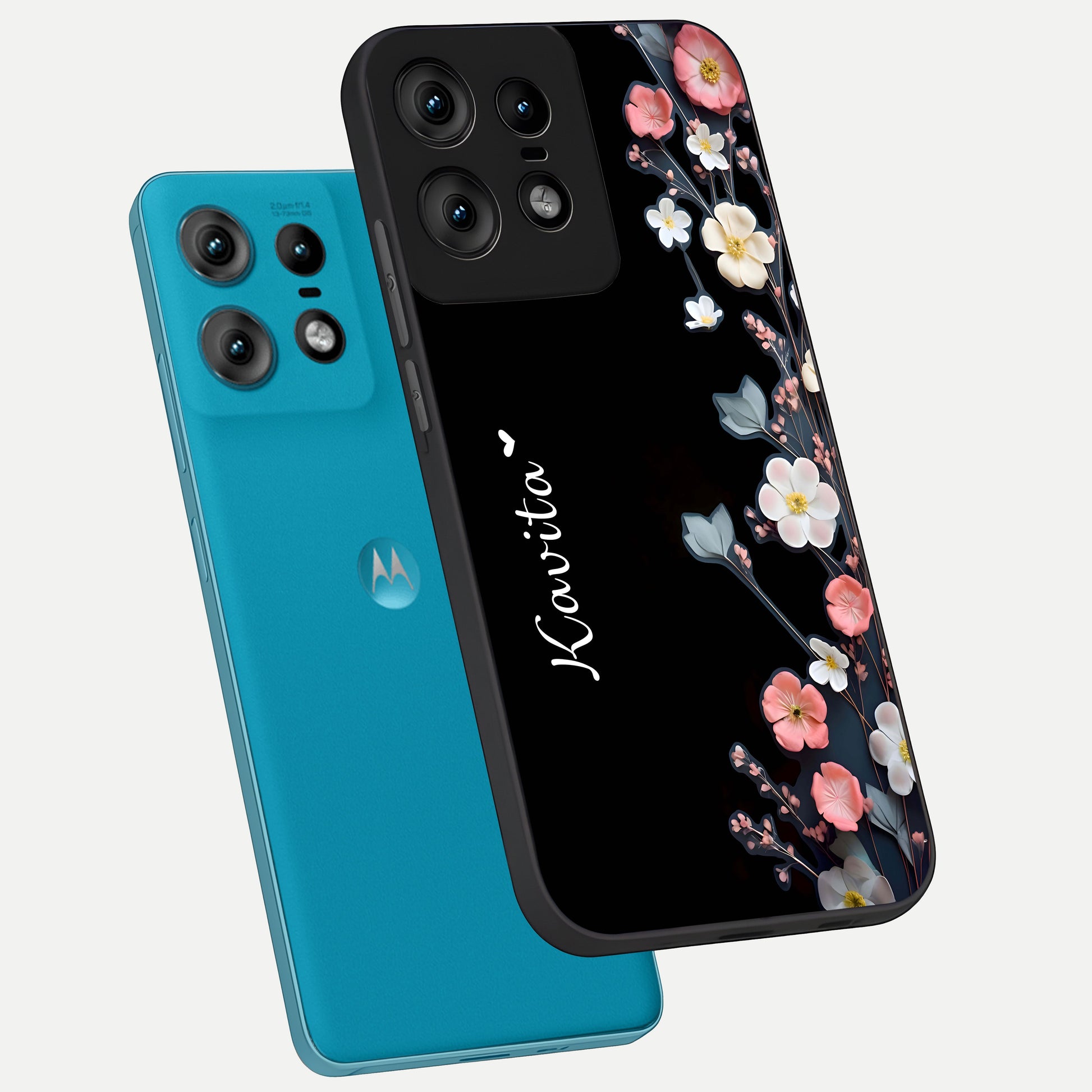  Black Elegance Floral Custom Name phone case For Moto Edge50 Pro showing premium glass back cover with detailed artwork